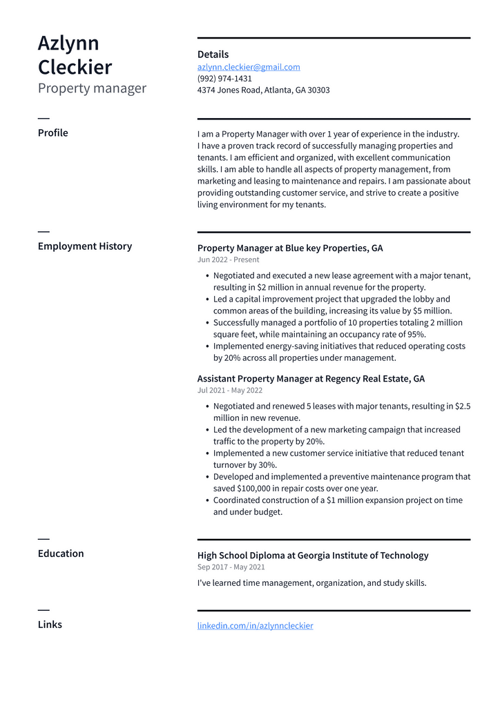 Property manager Resume Example