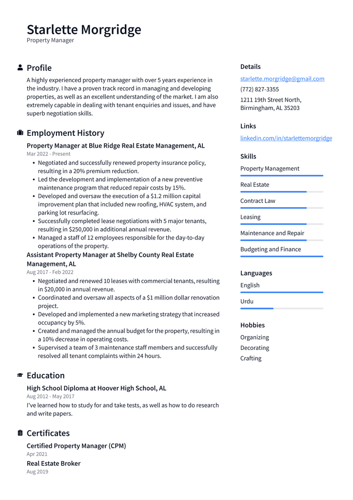 Property Manager Resume Example