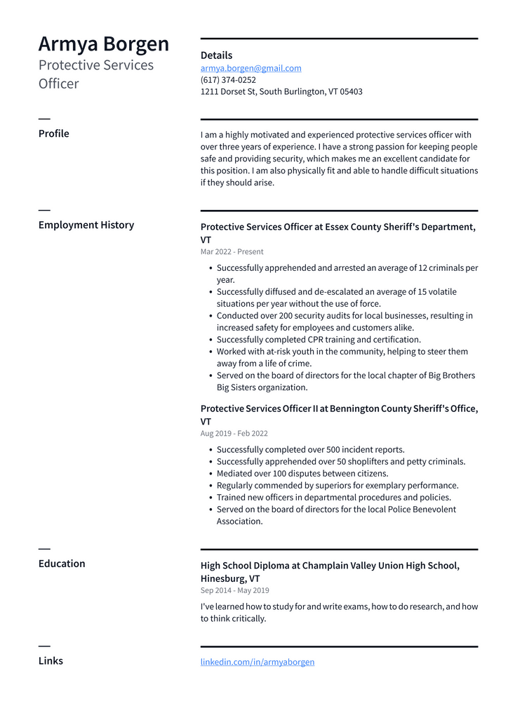 Protective Services Officer Resume Example