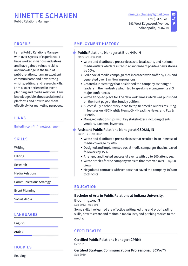 Public Relations Manager Resume Example