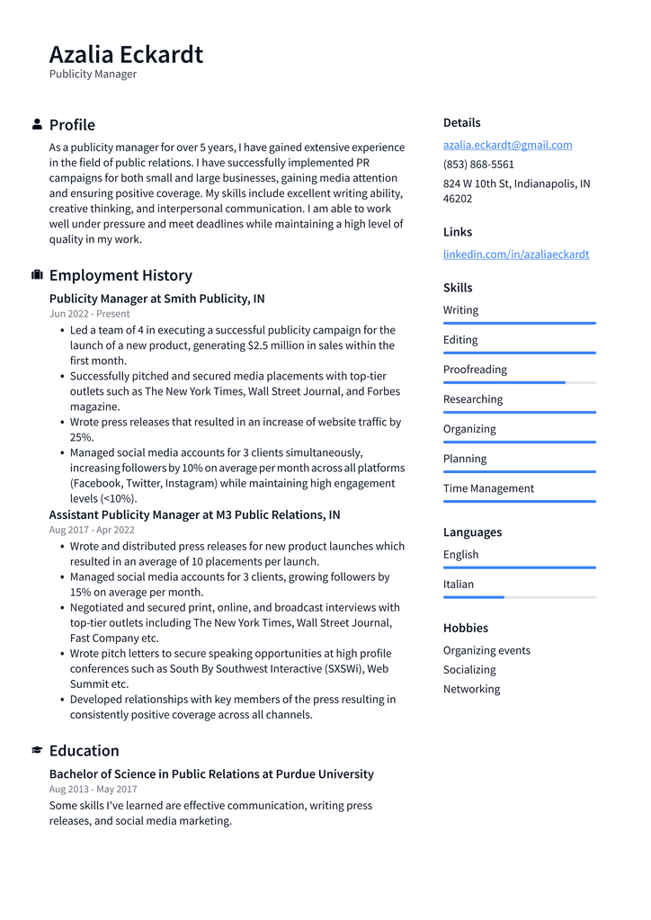 Publicity Manager Resume Example