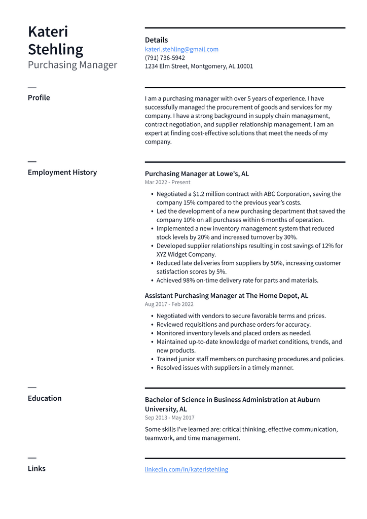 Purchasing Manager Resume Example