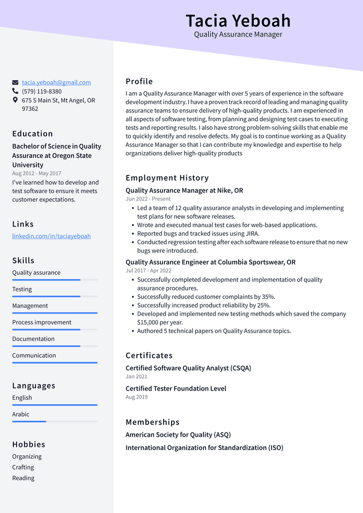 Quality Assurance Manager Resume Example