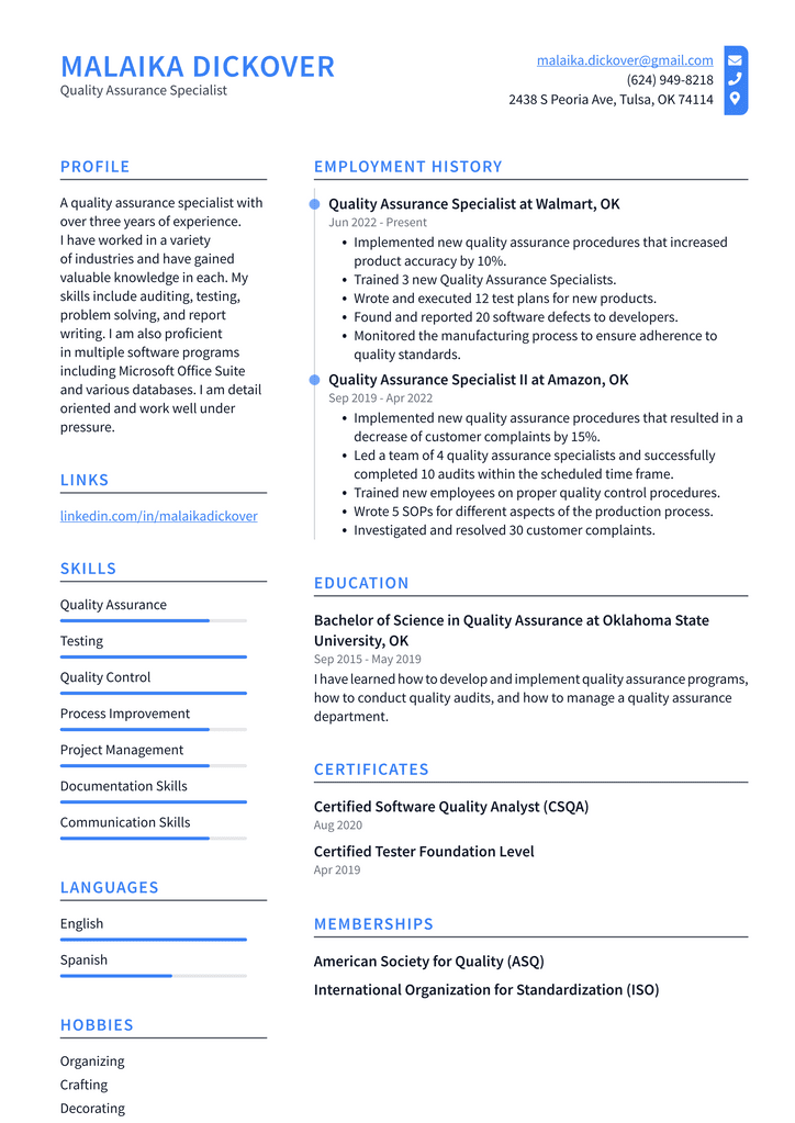 Quality Assurance Specialist Resume Example