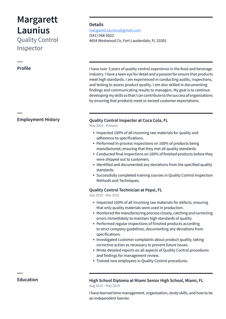 Quality Control Inspector Resume Example