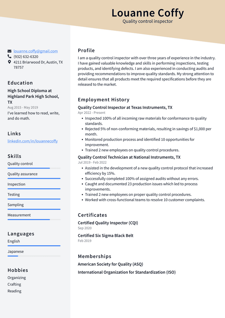 Quality control inspector Resume Example