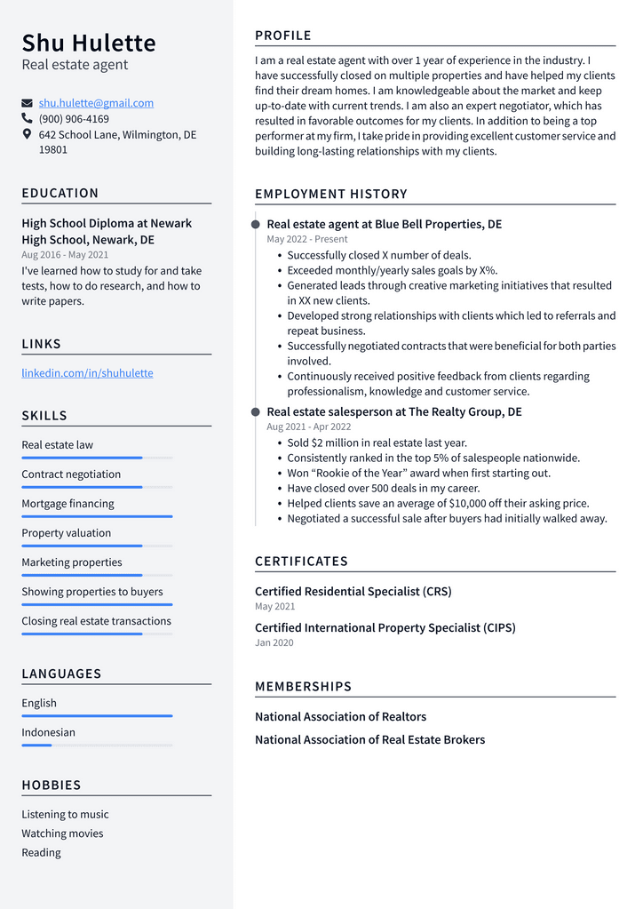 Real estate agent Resume Example