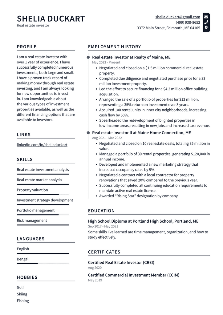 Real estate investor Resume Example