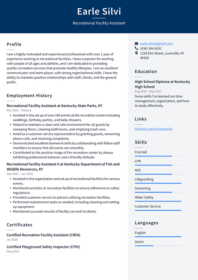 Recreational Facility Attendant Resume Example and Writing Guide
