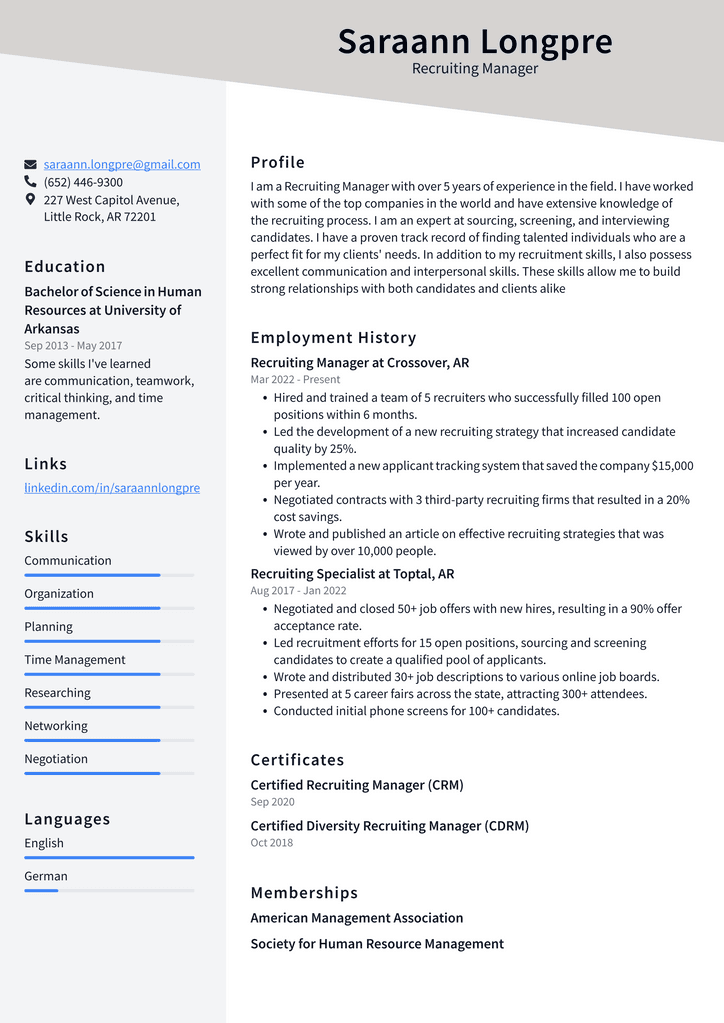 Recruiting Manager Resume Example