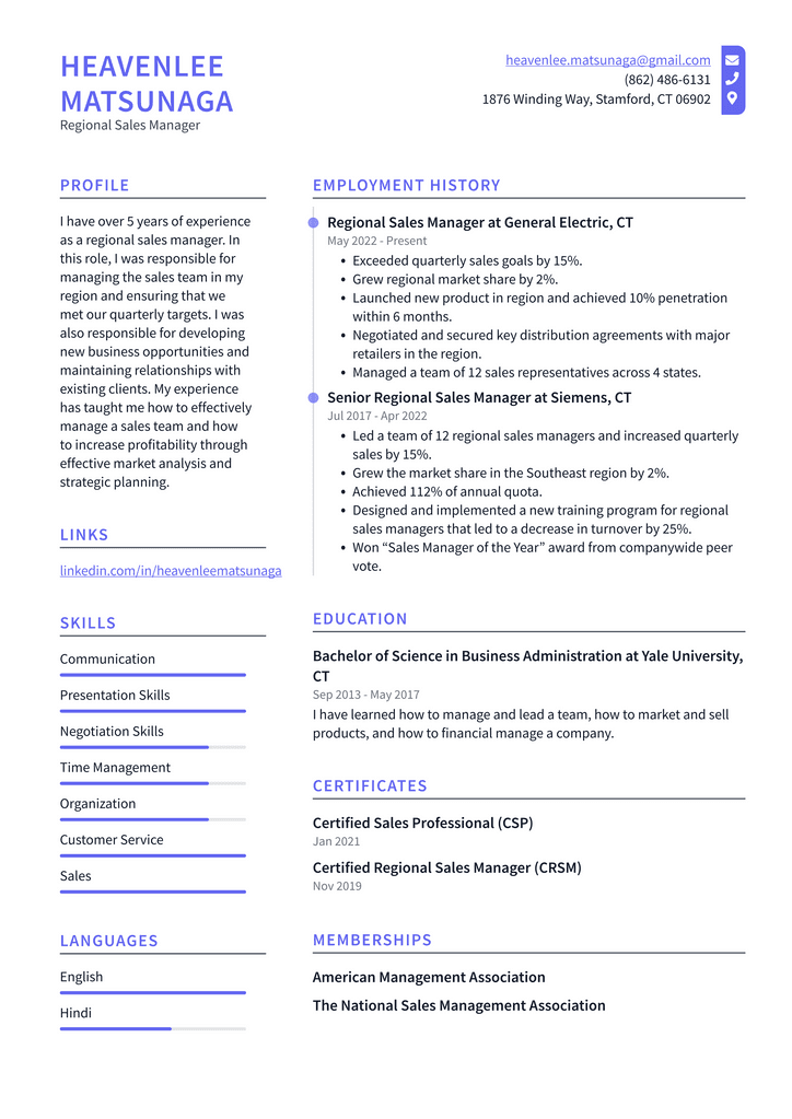 Regional Sales Manager Resume Example