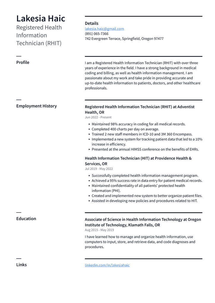 Registered Health Information Technician (RHIT) Resume Example