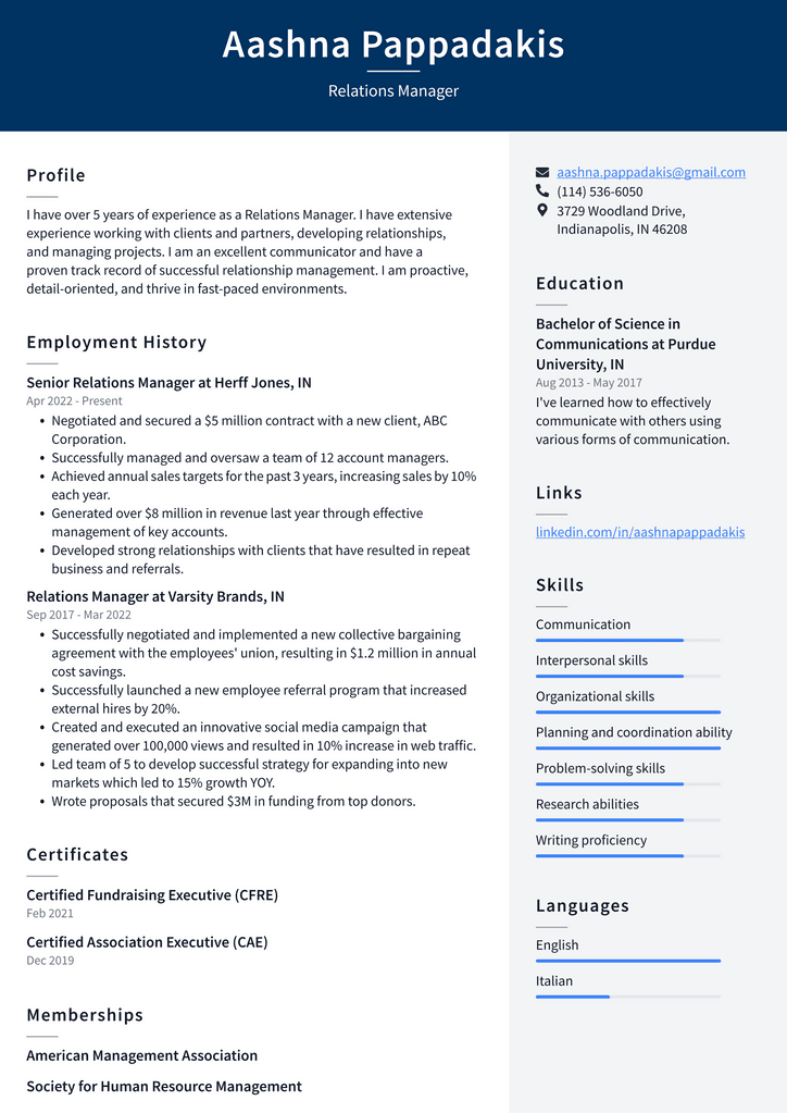Relations Manager Resume Example