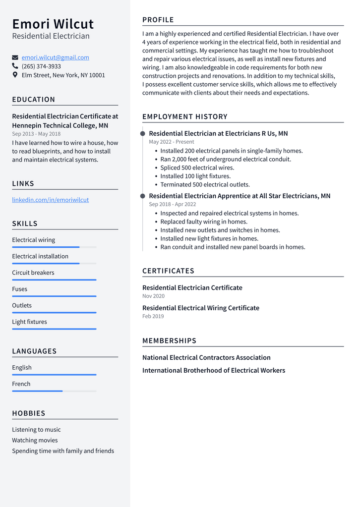 Residential Electrician Resume Example