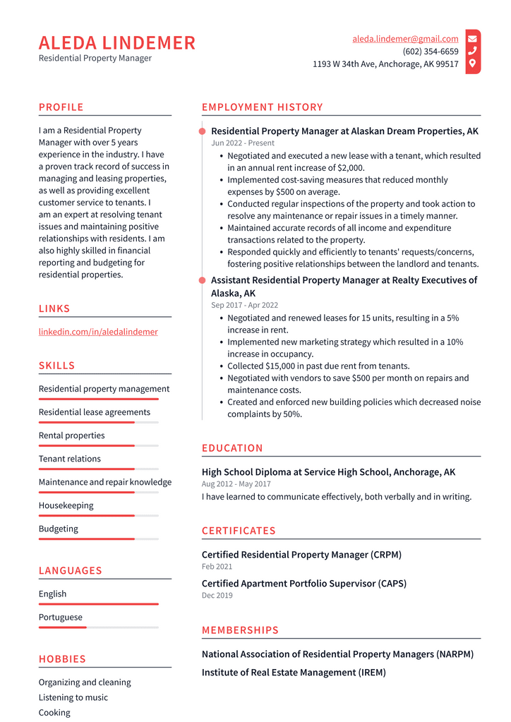 Residential Property Manager Resume Example