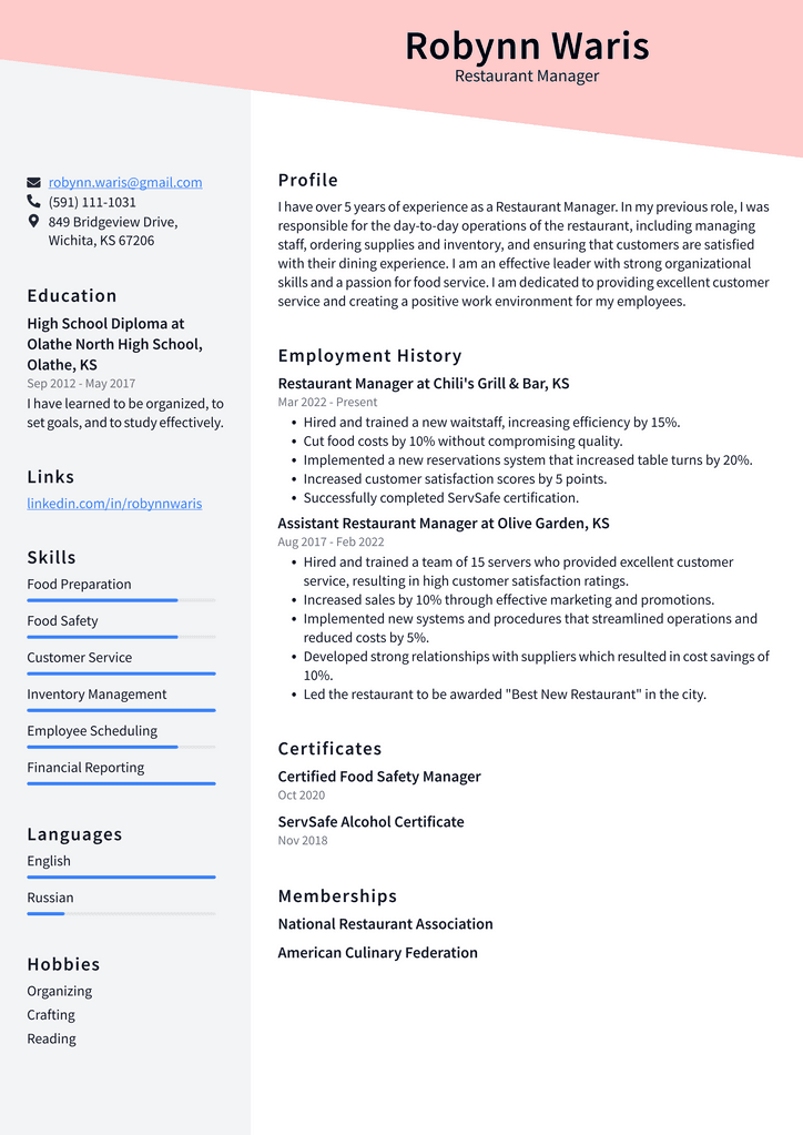 Restaurant Manager Resume Example