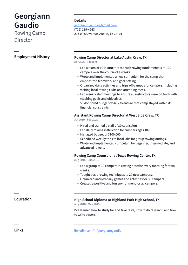 Rowing Camp Director Resume Example