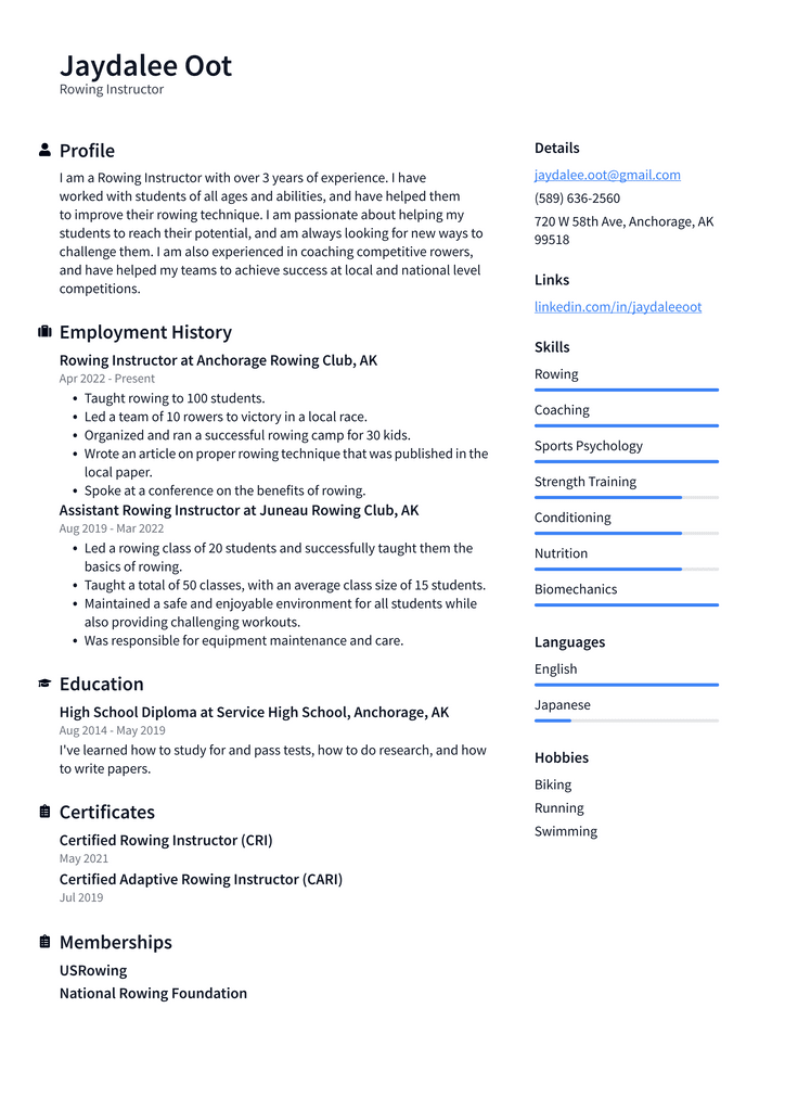 Rowing Instructor Resume Example