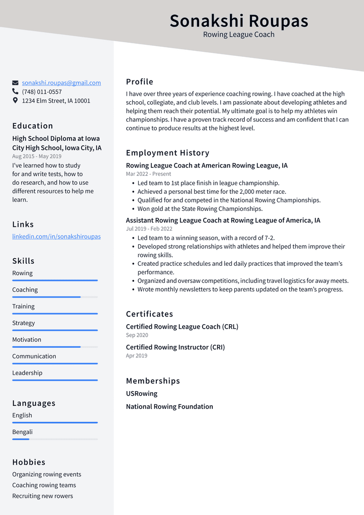 Rowing League Coach Resume Example