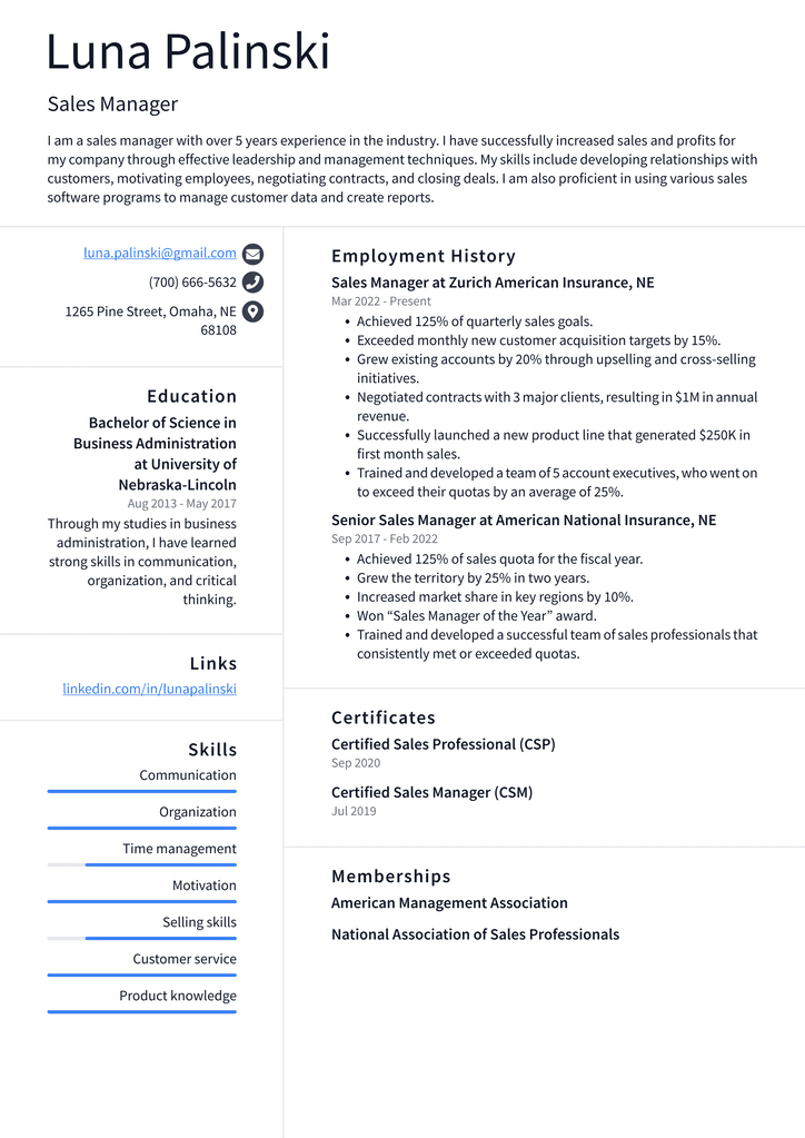 Sales Manager Resume Example