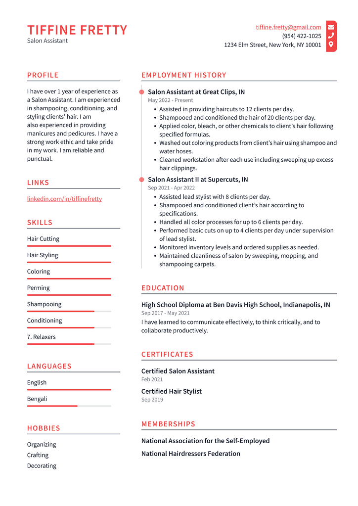 Salon Assistant Resume Example