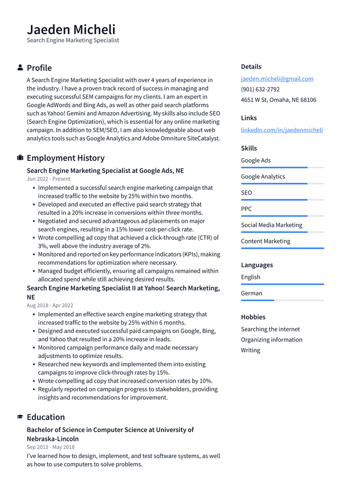 Search Engine Marketing Specialist Resume Example