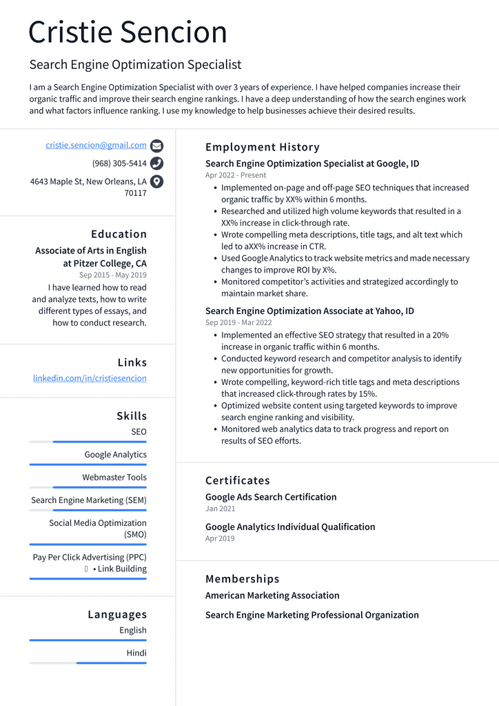 Search Engine Optimization Specialist Resume Example