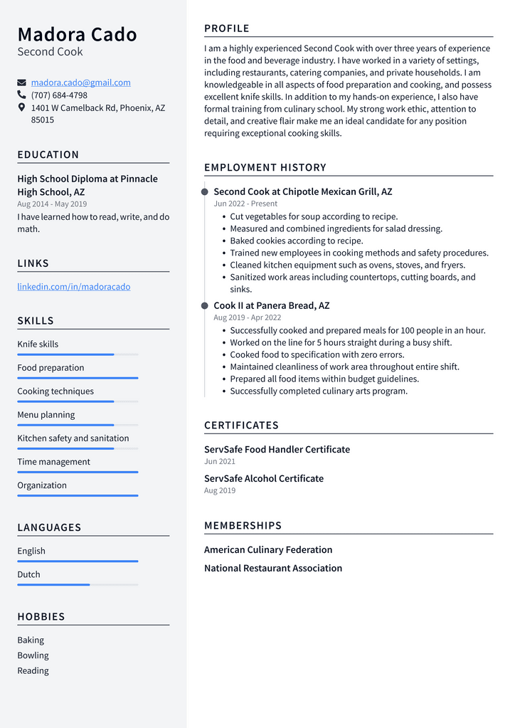 Second Cook Resume Example