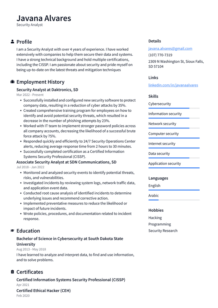 Security Analyst Resume Example