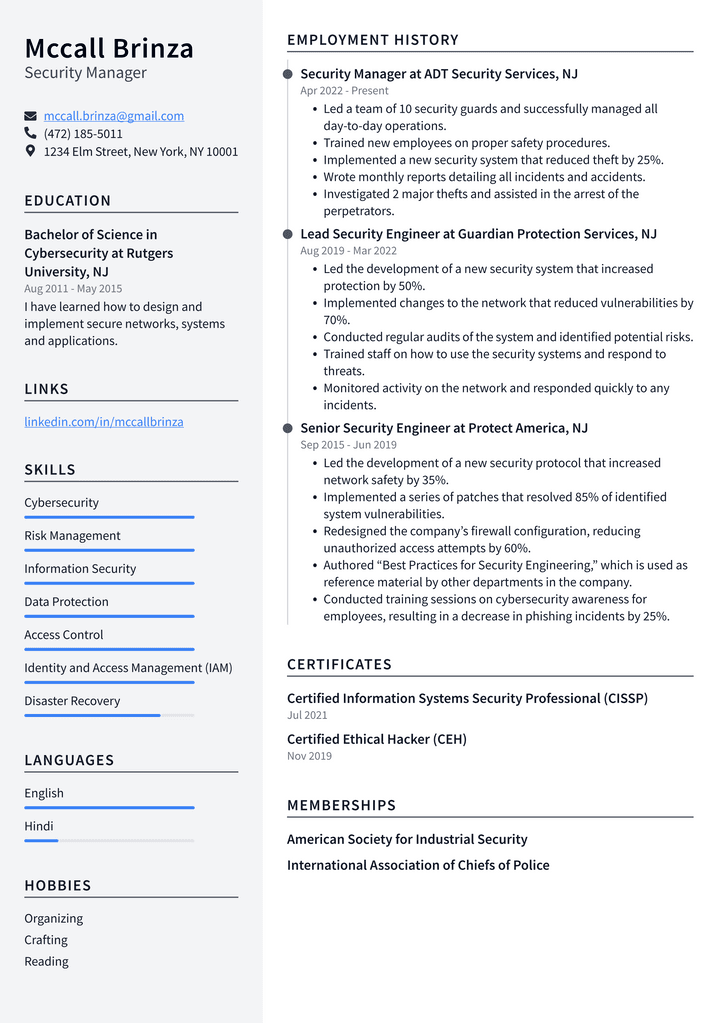 Security Manager Resume Example