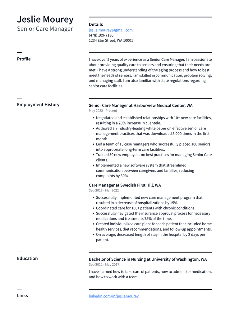 Senior Care Manager Resume Example