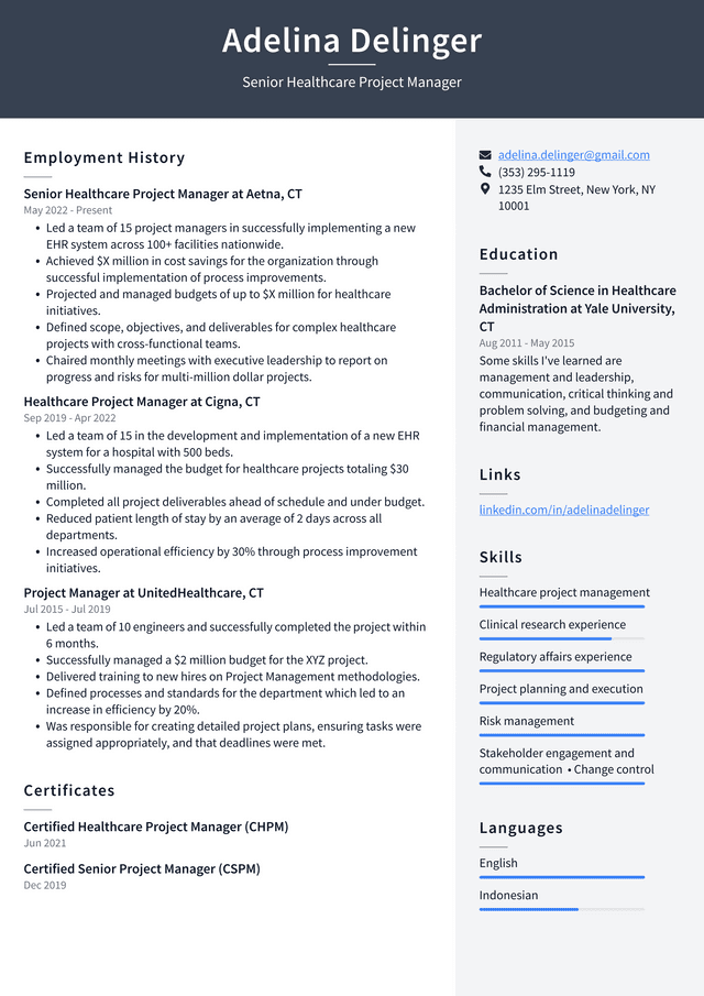 Healthcare Project Manager Resume Example and Writing Guide