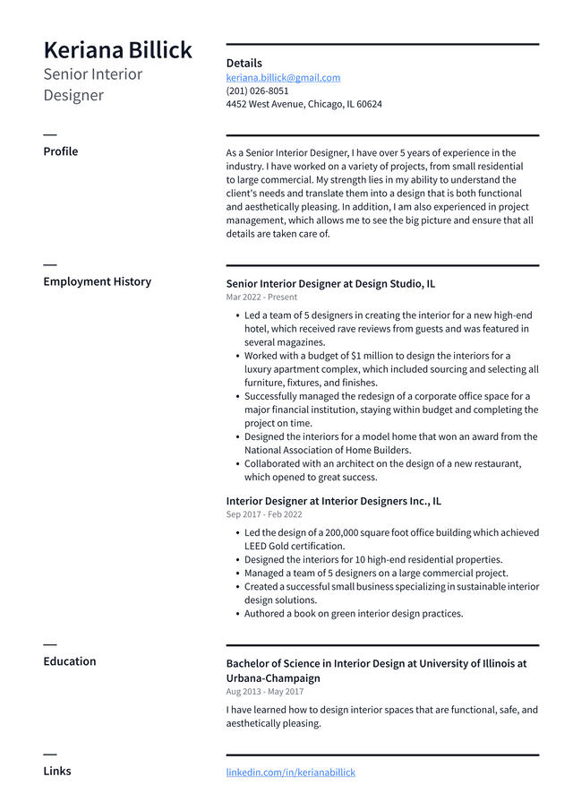 Interior Designer Resume Example and Writing Guide - ResumeLawyer