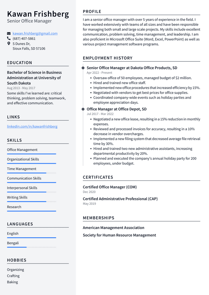 Senior Office Manager Resume Example