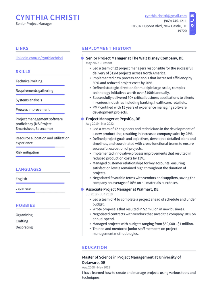 Senior Project Manager Resume Example