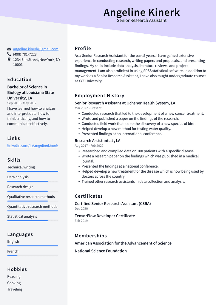 Senior Research Assistant Resume Example