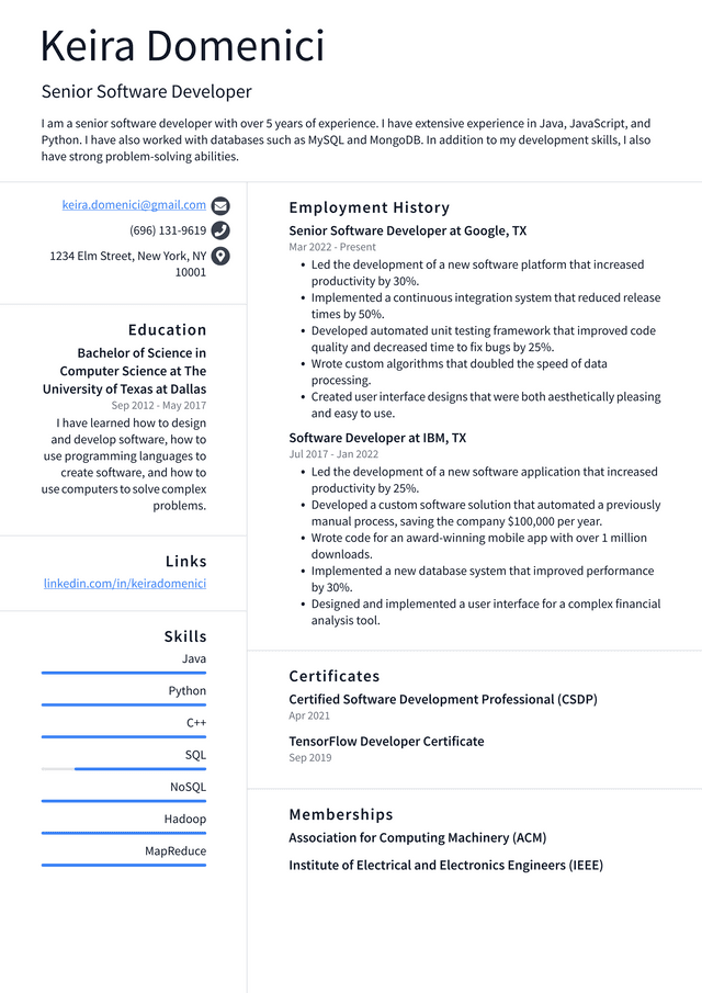 Senior Software Engineer Resume Example and Writing Guide