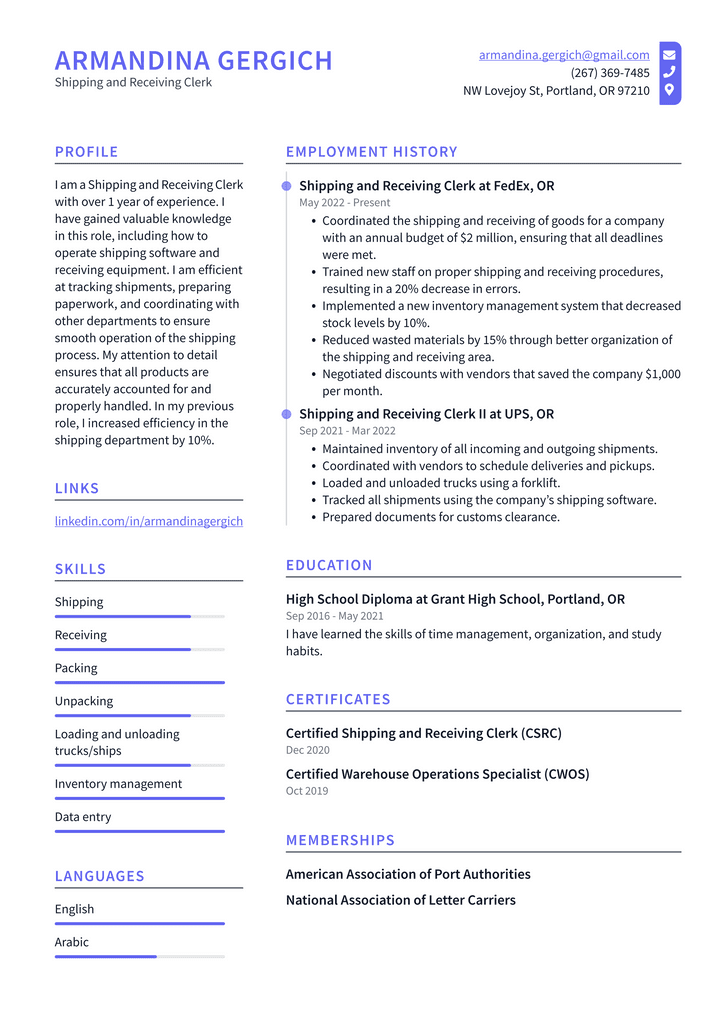 Shipping and Receiving Clerk Resume Example
