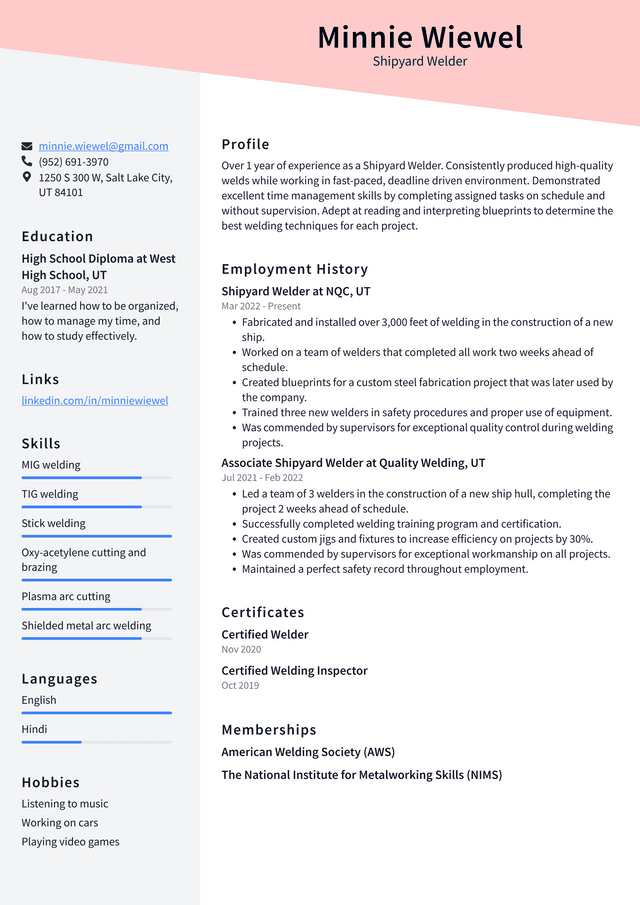 Welder Resume Example and Writing Guide - ResumeLawyer