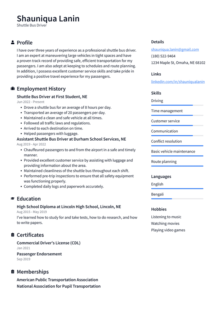 Shuttle Bus Driver Resume Example