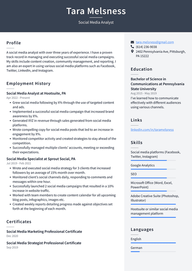 Social Media Manager Resume Example and Writing Guide