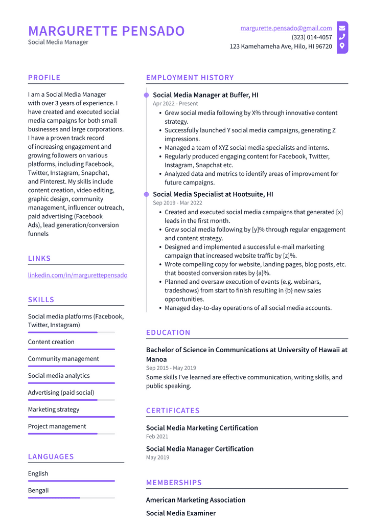 Social Media Manager Resume Example