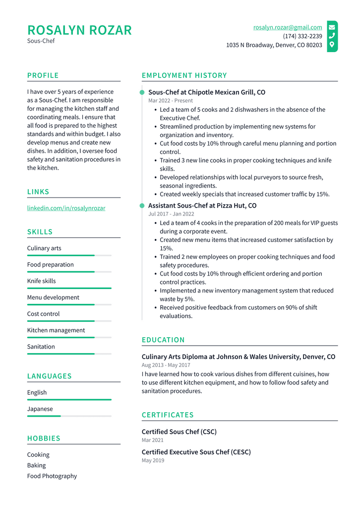 Sous-Chef Resume Example