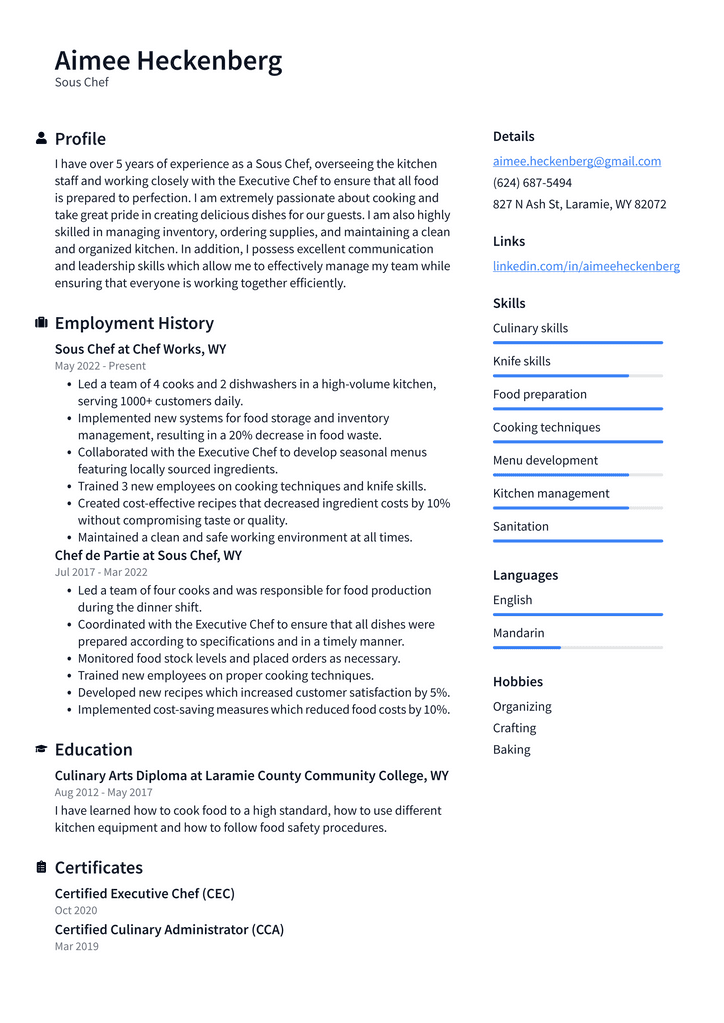 Sous Chef Resume Example