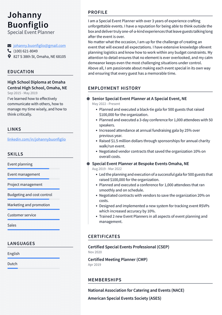 Special Event Planner Resume Example