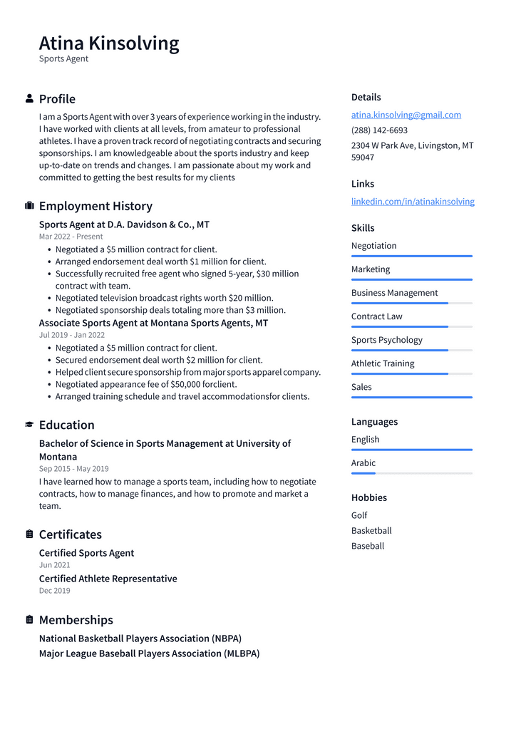 Sports Agent Resume Example