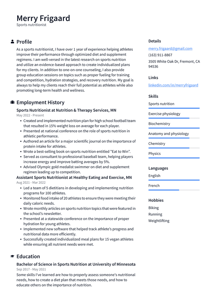 Sports nutritionist Resume Example