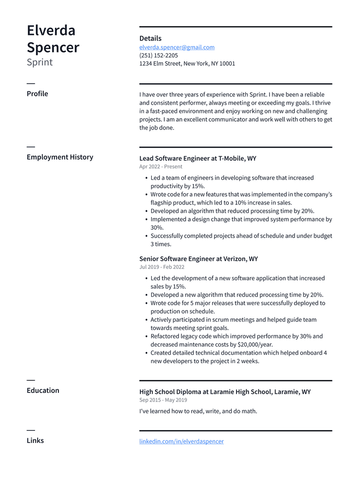 Sprint Resume Example