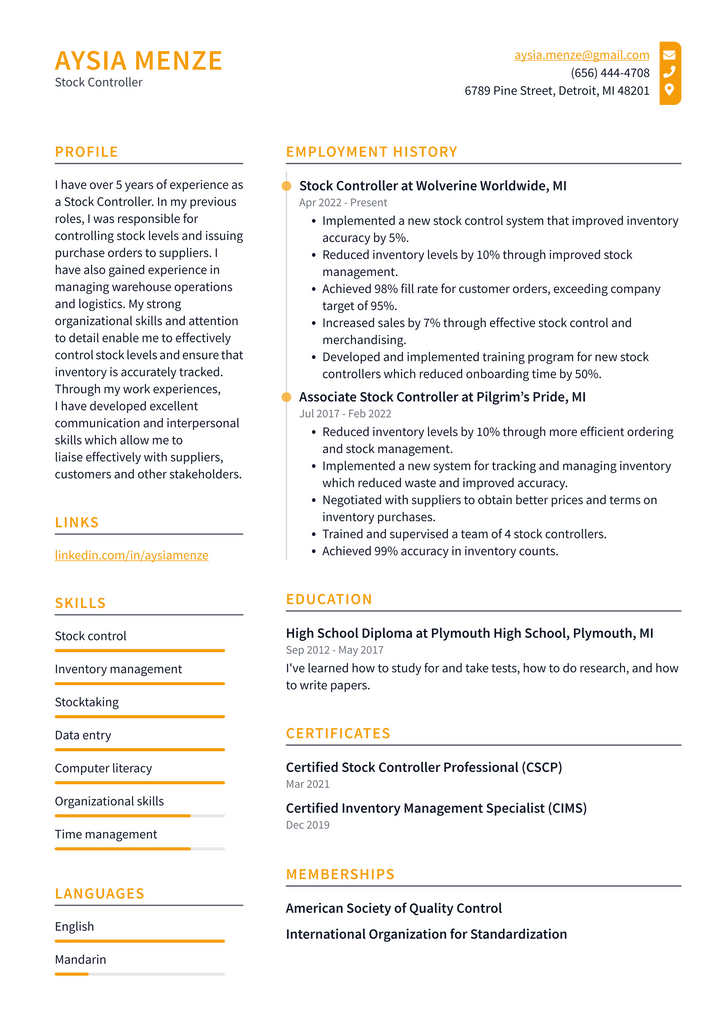 Stock Controller Resume Example