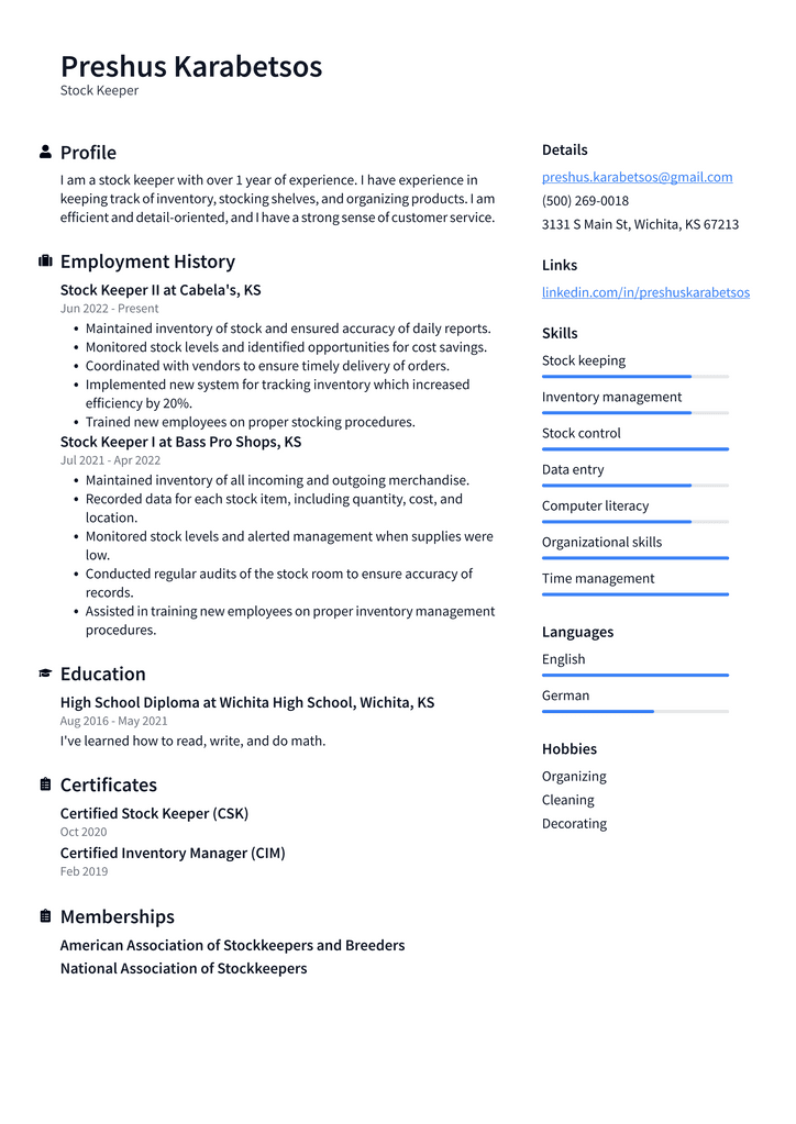 Stock Keeper Resume Example